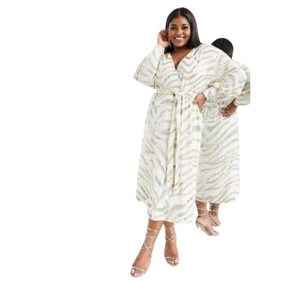 ASOS White, Gold, Silver Long Sleeve Sequin Zebra Print Wrap Midi Dress Size 6 - Picture 3 of 16
